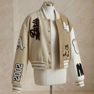 Azalea Wang Paris Varsity Bomber Jacket Womens Size L Cream Tan Letterman Patch